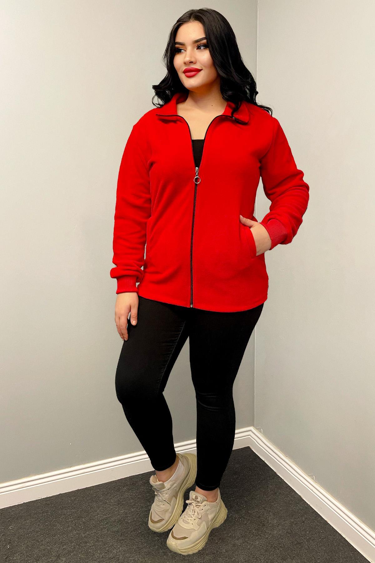 Sweatshirt Büyük Beden Fermuarlı Cepli Polar Hırka