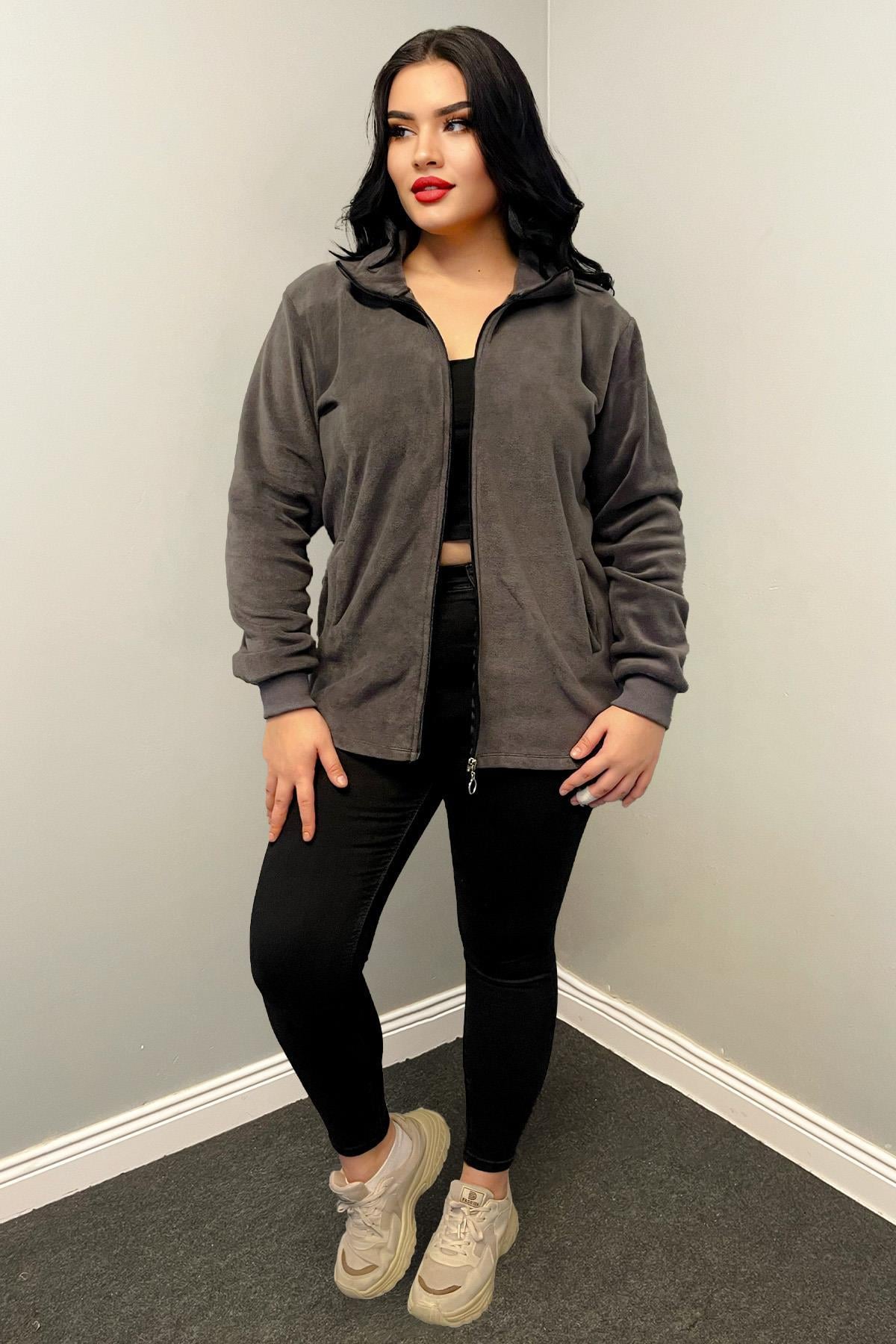 Sweatshirt Büyük Beden Fermuarlı Cepli Polar Hırka