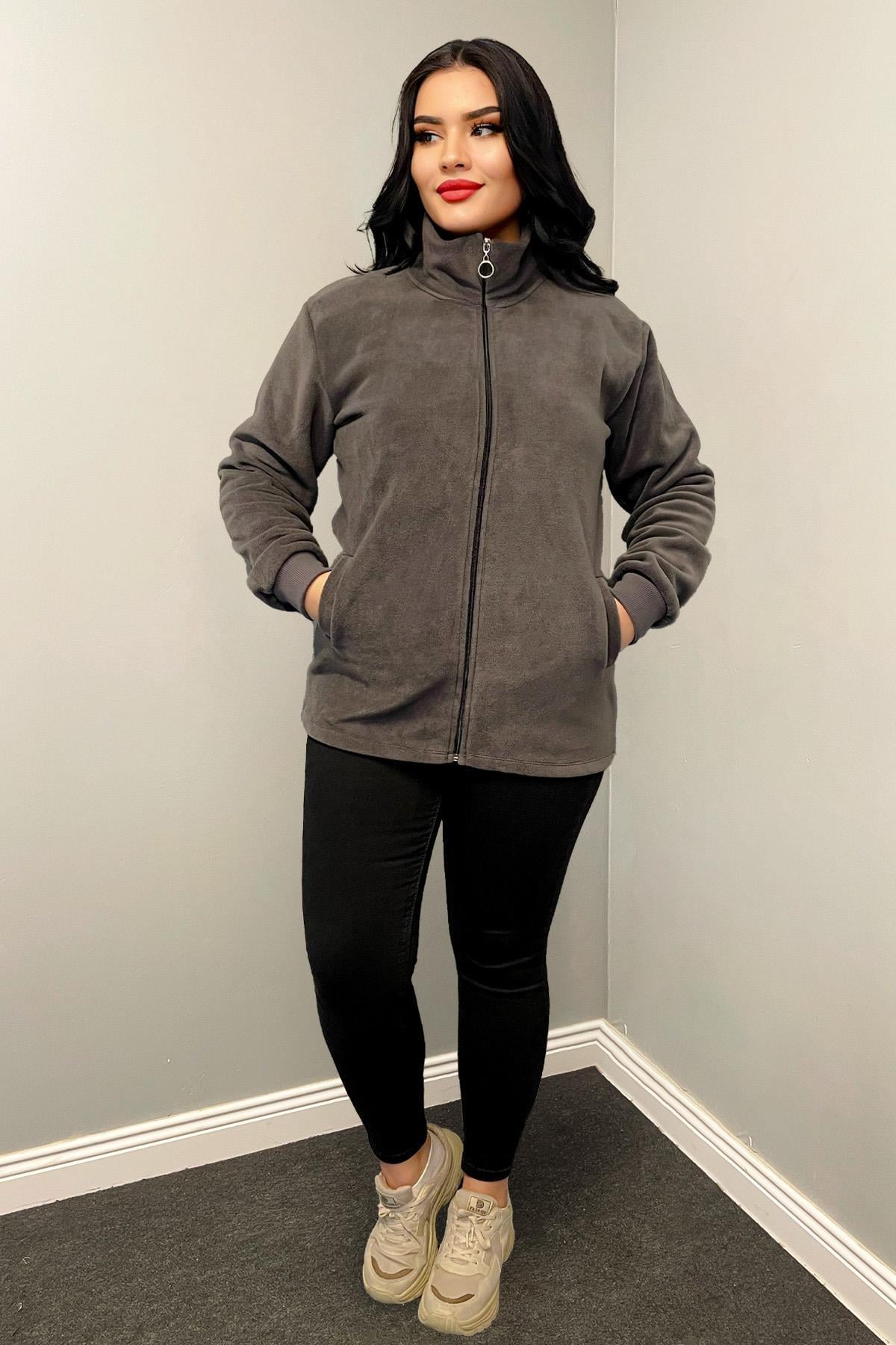 Sweatshirt Büyük Beden Fermuarlı Cepli Polar Hırka