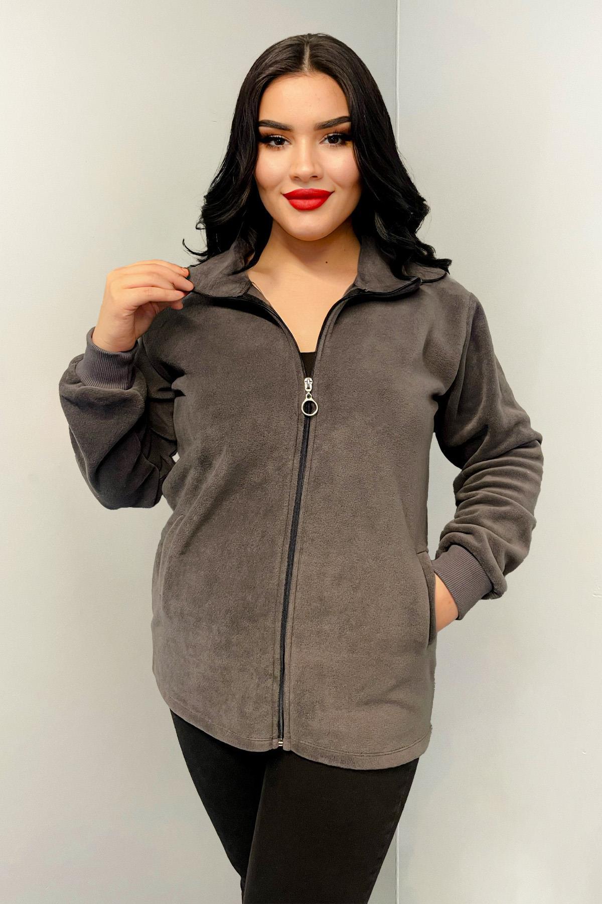 Sweatshirt Büyük Beden Fermuarlı Cepli Polar Hırka
