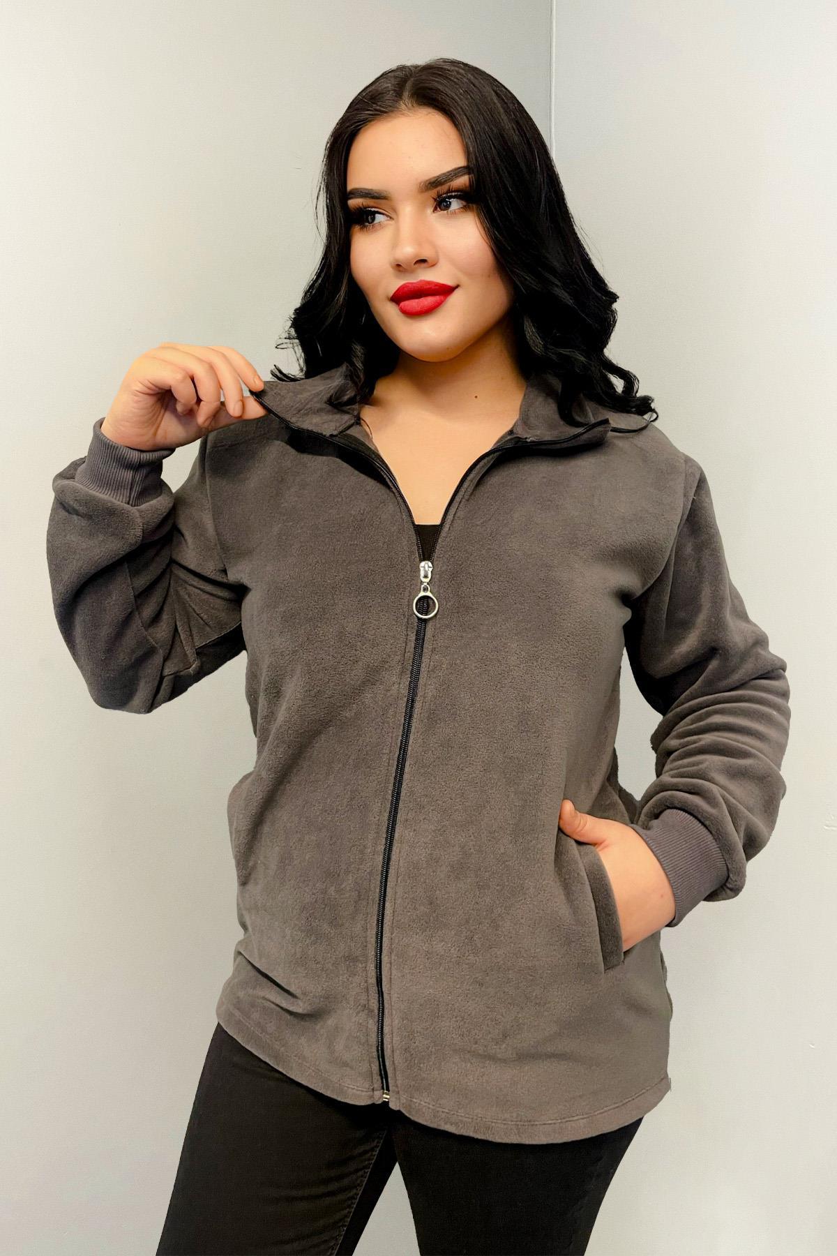 Sweatshirt Büyük Beden Fermuarlı Cepli Polar Hırka