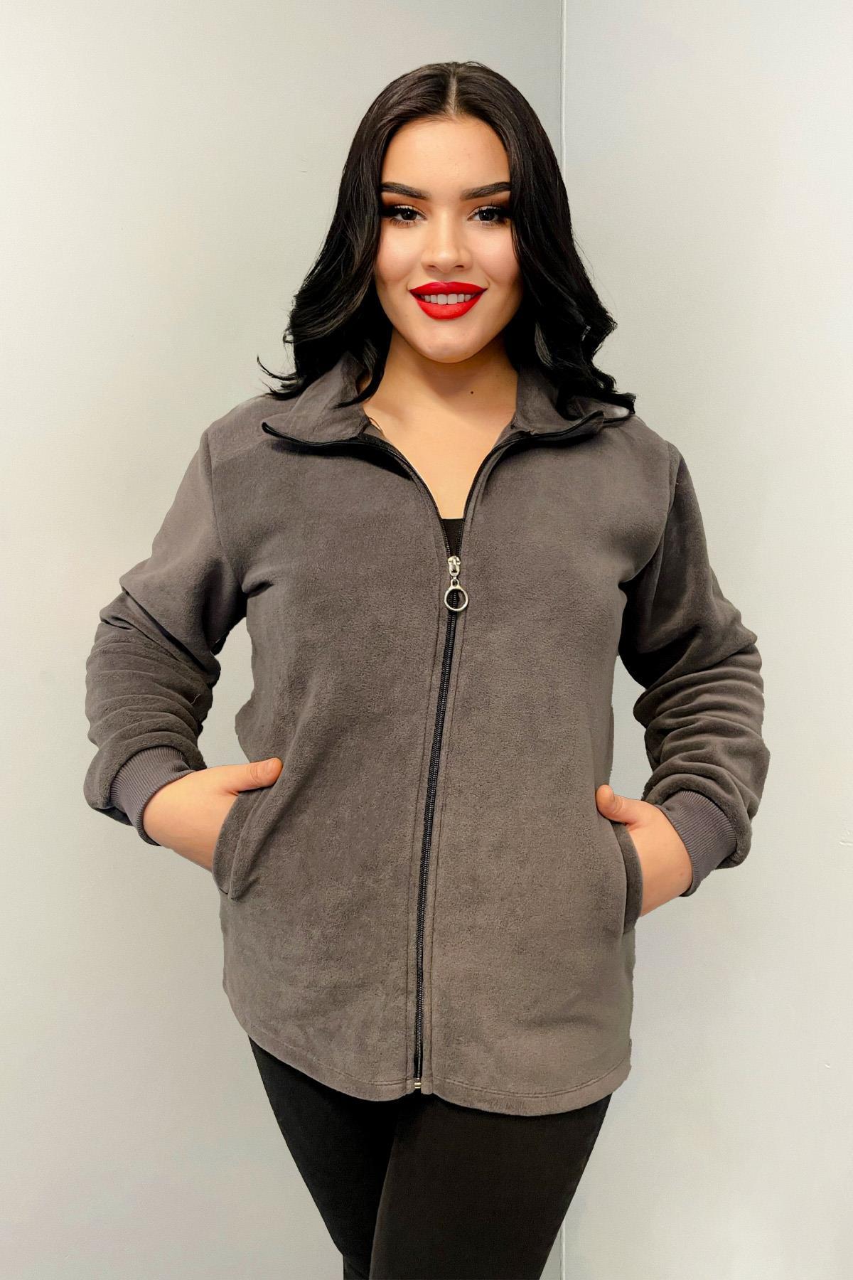 Sweatshirt Büyük Beden Fermuarlı Cepli Polar Hırka