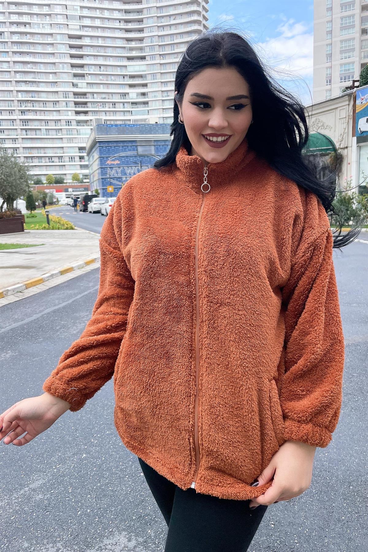Mont Büyük Beden Fermuarlı Pofuduk Peluş Mont Taba