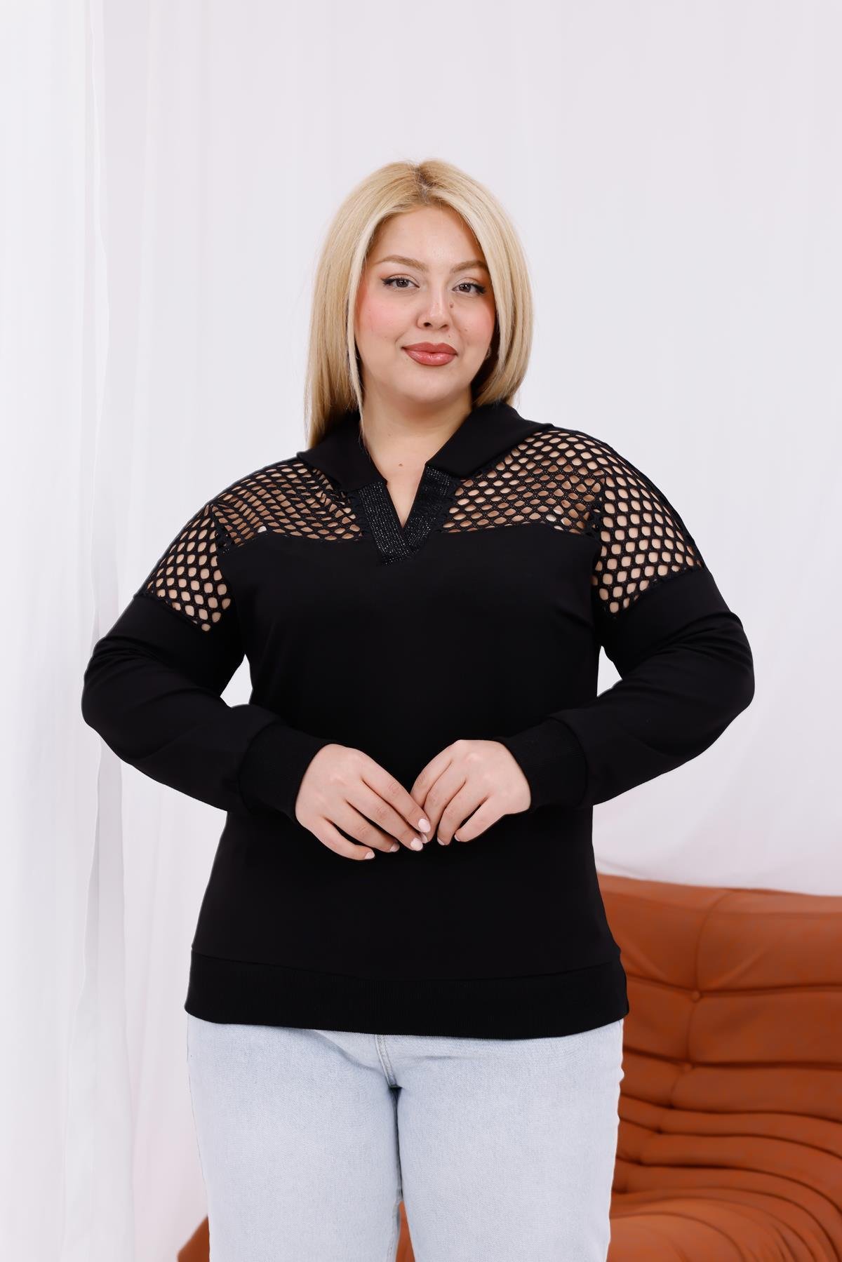 Uzun Kol Bluz Büyük Beden File Detaylı Kapüşonlu Sweatshirt
