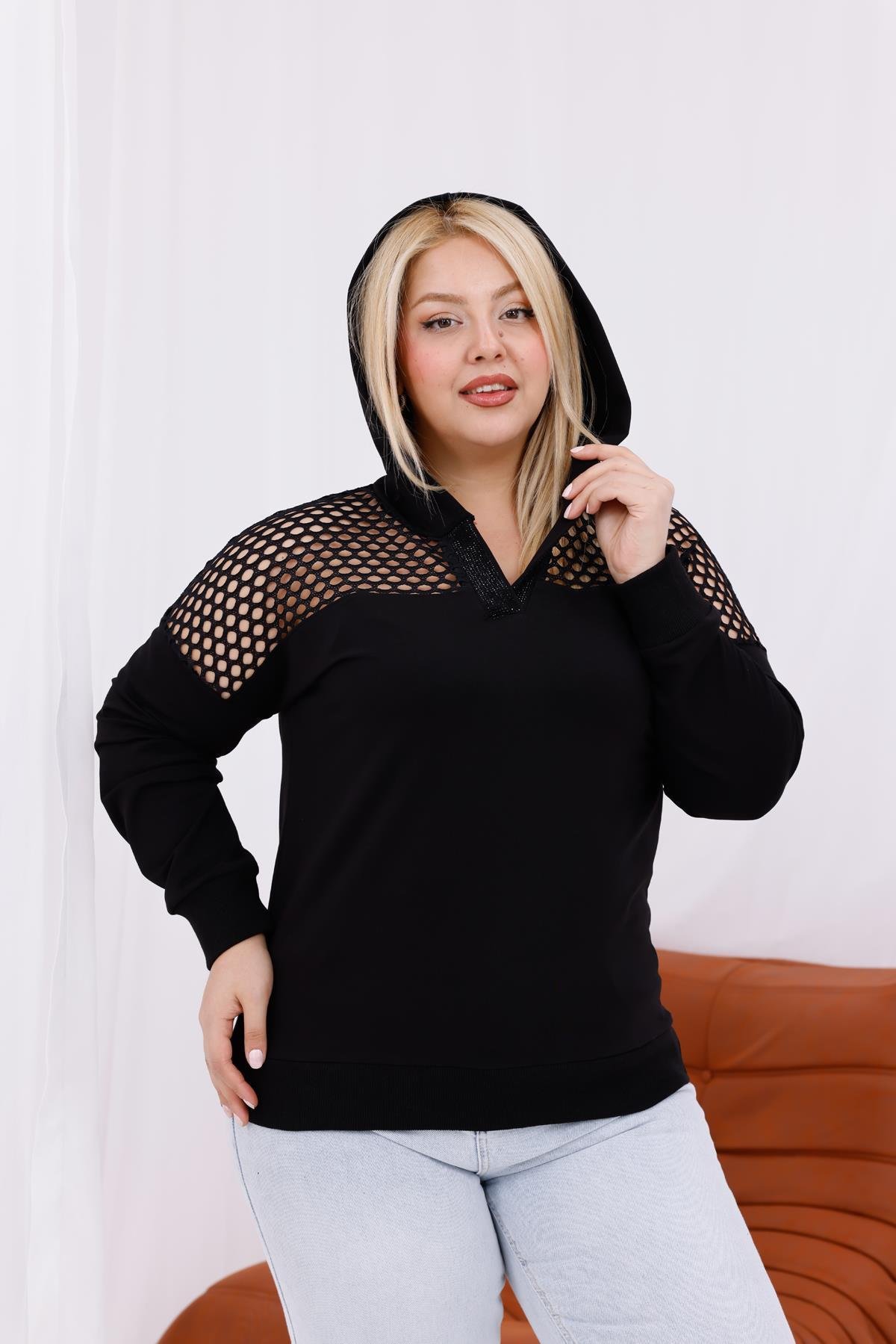 Uzun Kol Bluz Büyük Beden File Detaylı Kapüşonlu Sweatshirt