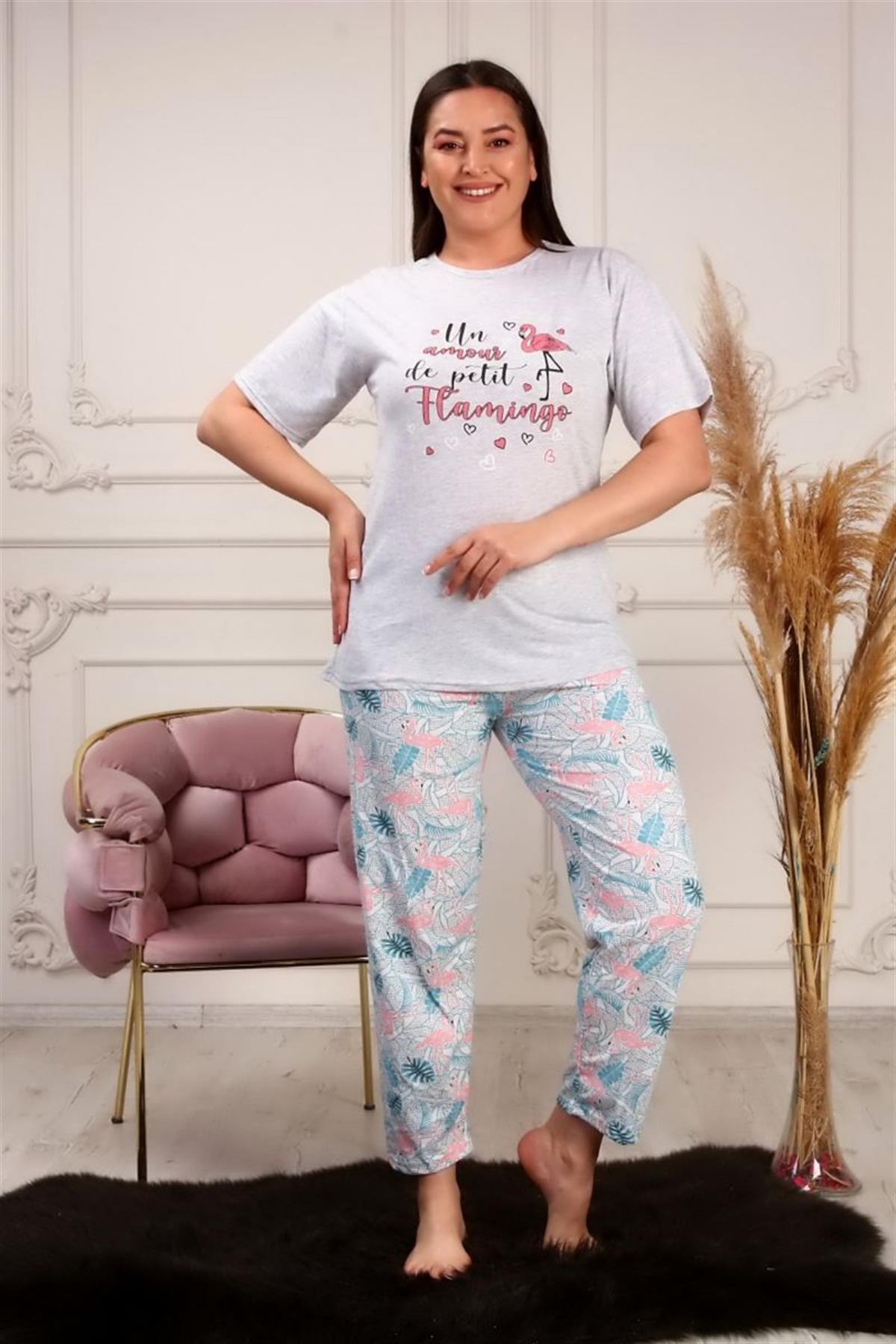 Pijama Takımı Büyük Beden Flamingo Baskılı Pijama Takımı Gri