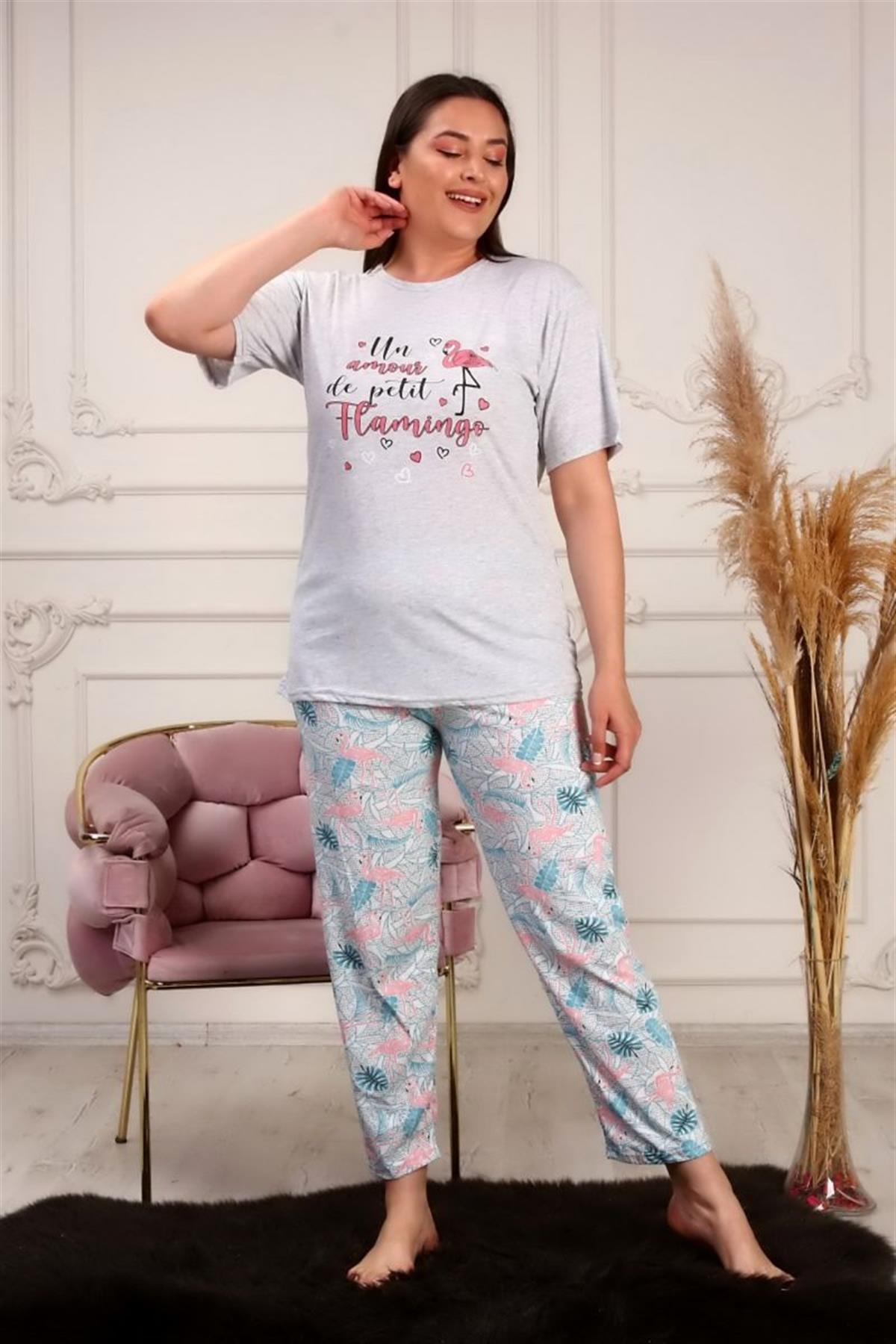 Pijama Takımı Büyük Beden Flamingo Baskılı Pijama Takımı Gri