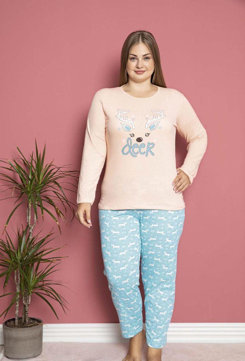 Pijama Takımı Büyük Beden Geyik Baskılı Pamuklu Pijama Takımı Yavruağzı