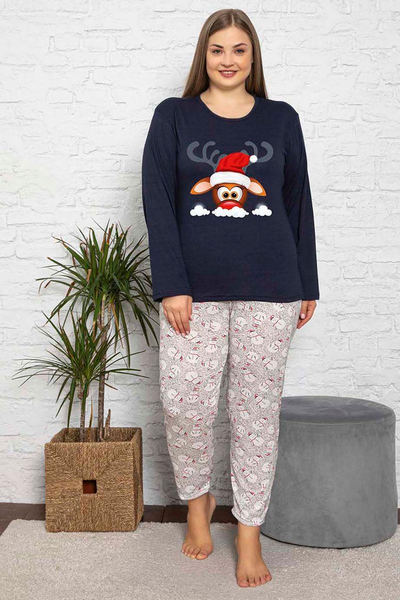 Pijama Takımı Büyük Beden Geyik Baskılı Yılbaşı Konsepti Şardonlu Pijama Takımı Lacivert