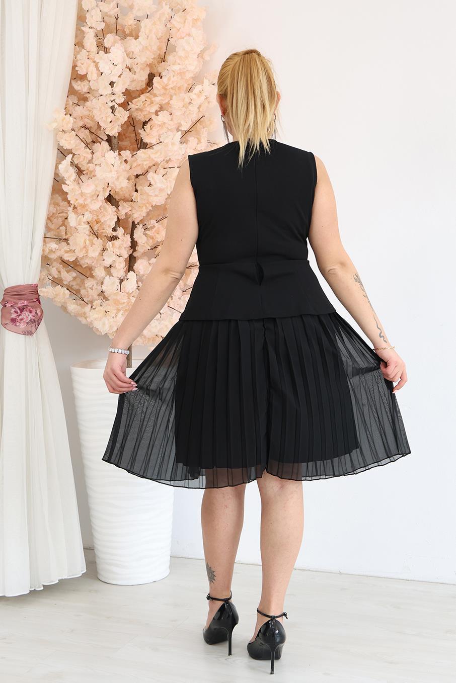 Davet Koleksiyonu Büyük Beden Gold Aksesuarlı Eteği Şifon Piliseli Abiye