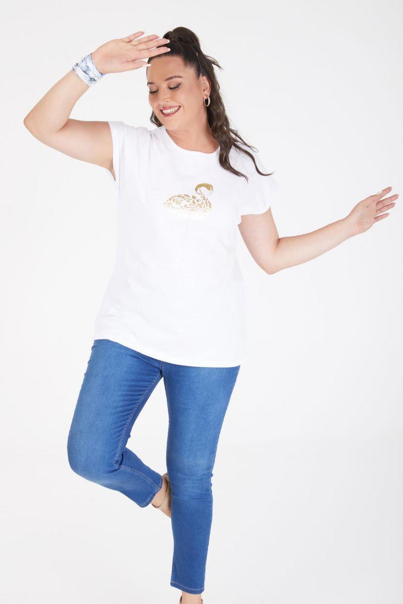 Tshirt Büyük Beden Gold Flamingo Baskılı Yarasa Kol T-Shirt Beyaz