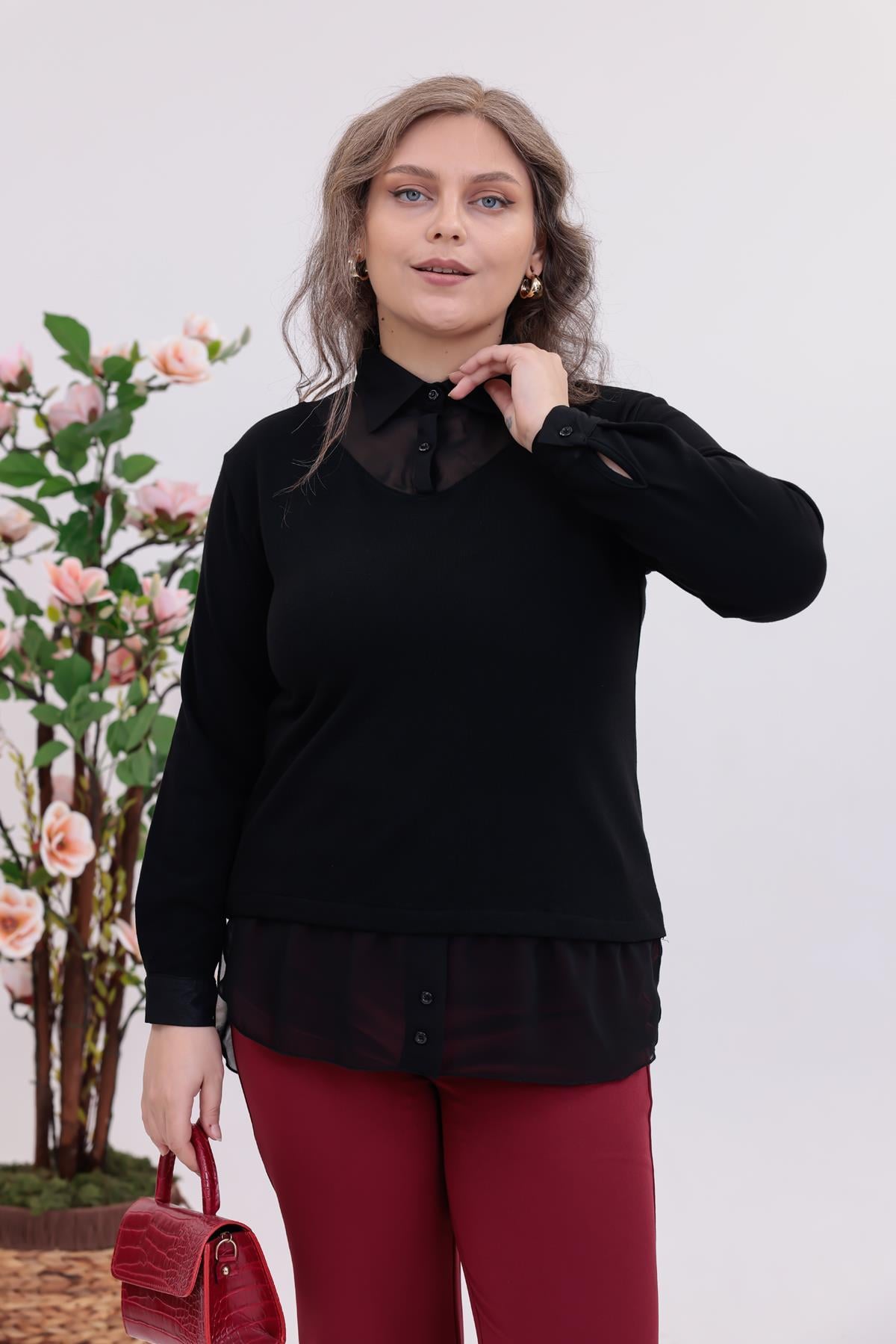 Uzun Kol Bluz Büyük Beden Gömlek Yaka Bluz