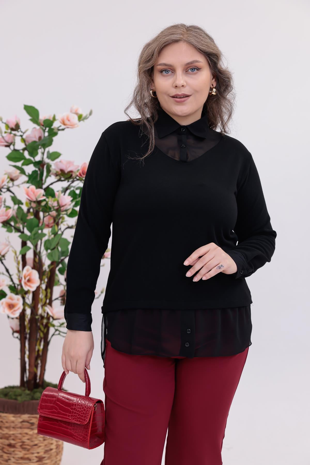 Uzun Kol Bluz Büyük Beden Gömlek Yaka Bluz