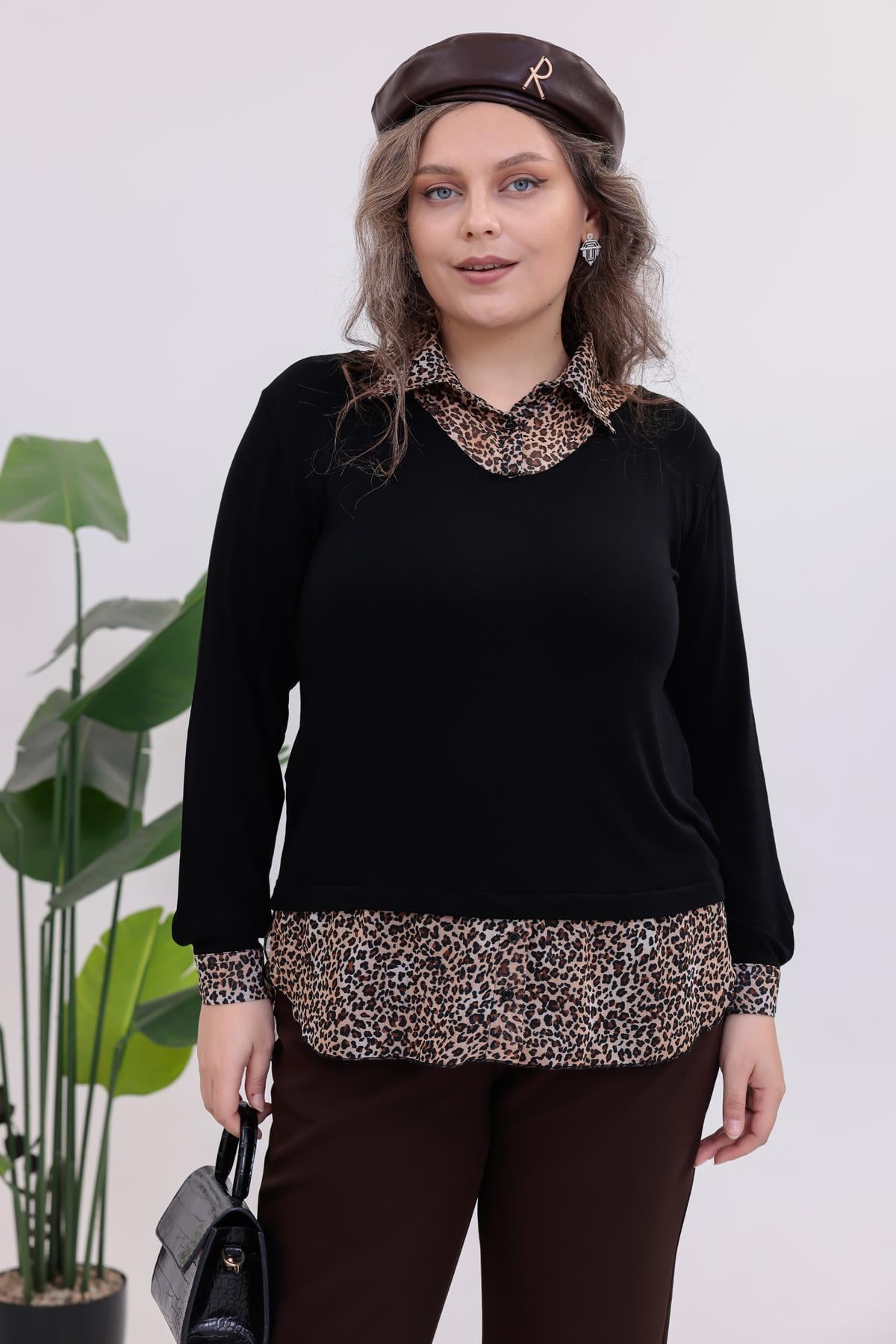 Uzun Kol Bluz Büyük Beden Gömlek Yaka Leopar Bluz