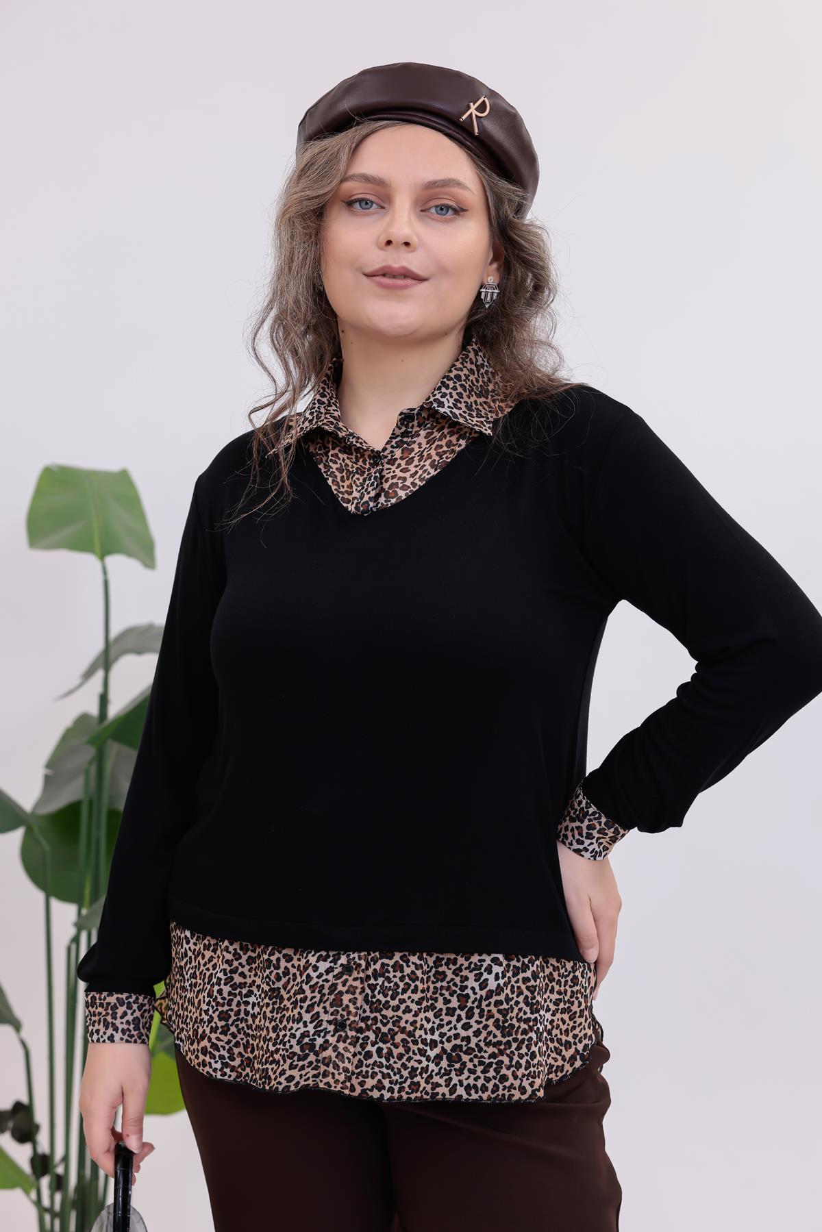 Uzun Kol Bluz Büyük Beden Gömlek Yaka Leopar Bluz