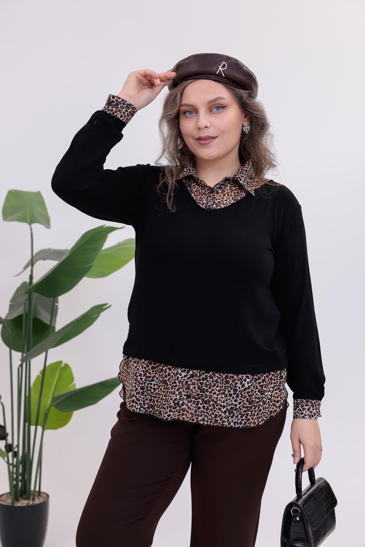 Uzun Kol Bluz Büyük Beden Gömlek Yaka Leopar Bluz
