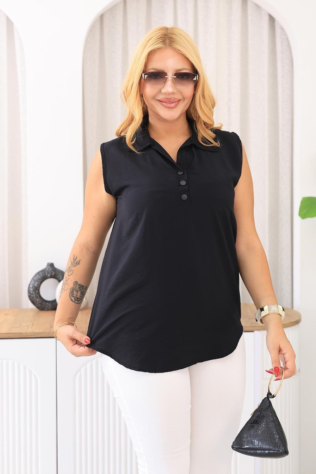 Kısa Kol Bluz Büyük Beden Gömlek Yaka Tencel Kumaş Bluz