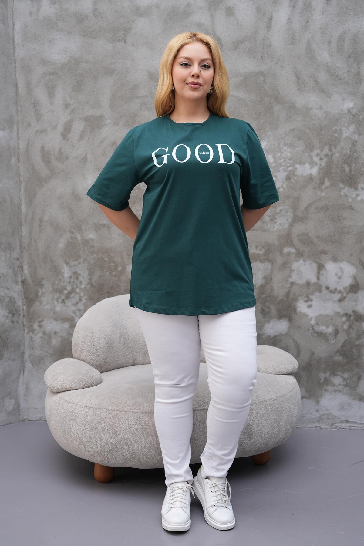 Kısa Kol Bluz Büyük Beden Good Baskılı Tshirt