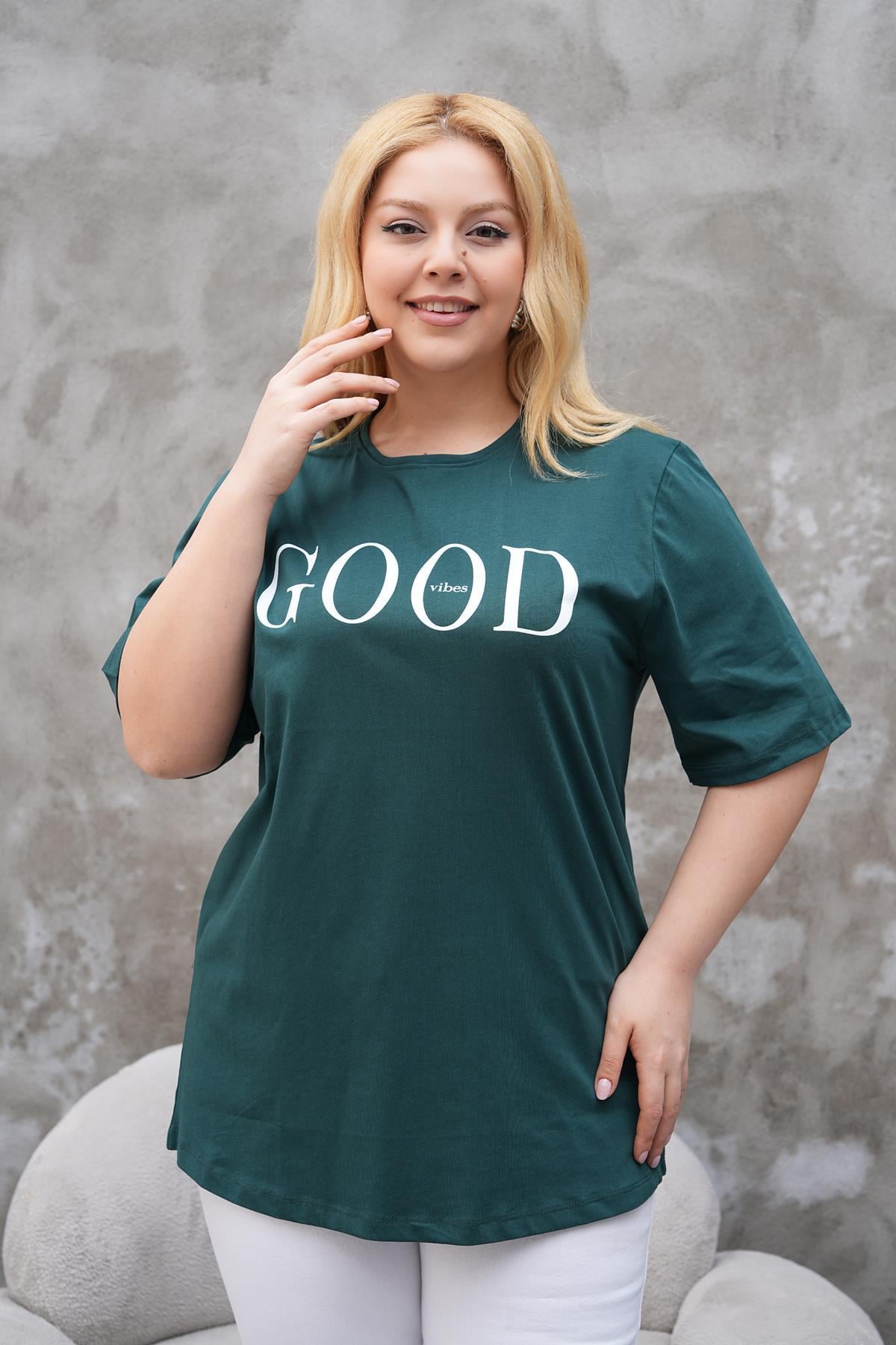 Kısa Kol Bluz Büyük Beden Good Baskılı Tshirt