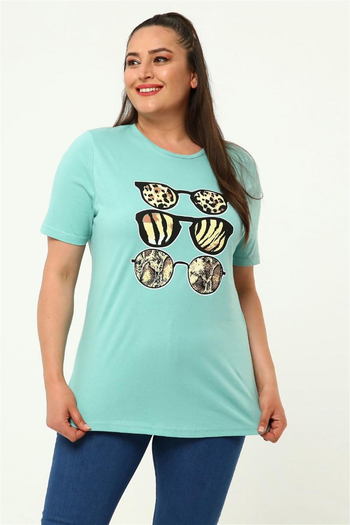 Tshirt Büyük Beden Gözlük Baskılı Bisiklet Yaka T-Shirt Mint Yeşili