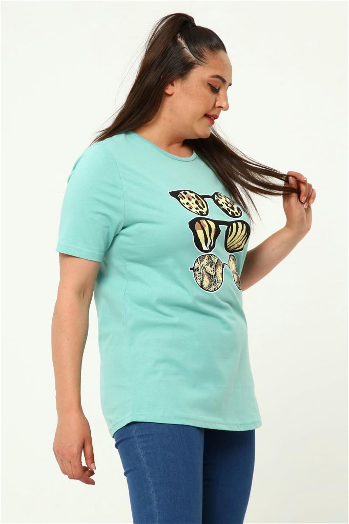 Tshirt Büyük Beden Gözlük Baskılı Bisiklet Yaka T-Shirt Mint Yeşili
