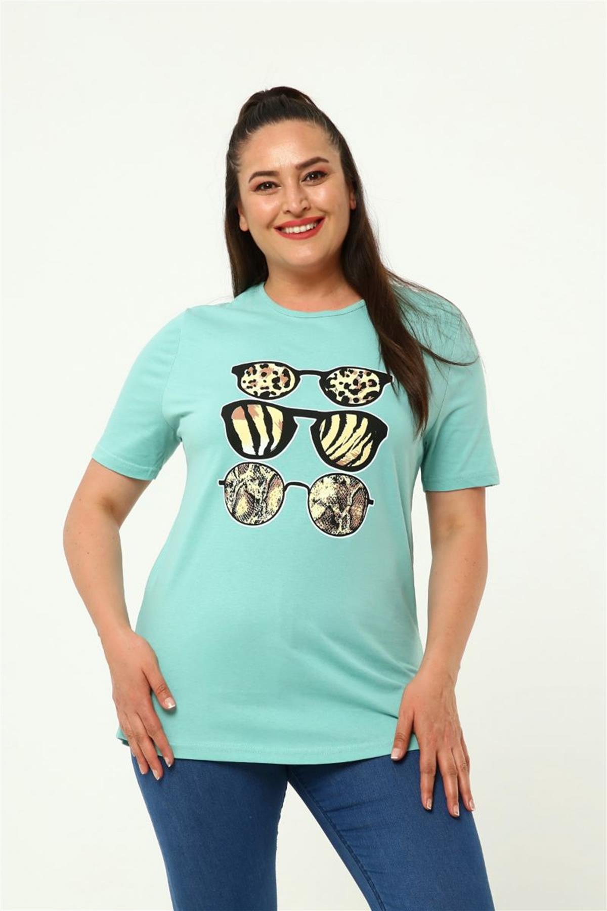Tshirt Büyük Beden Gözlük Baskılı Bisiklet Yaka T-Shirt Mint Yeşili