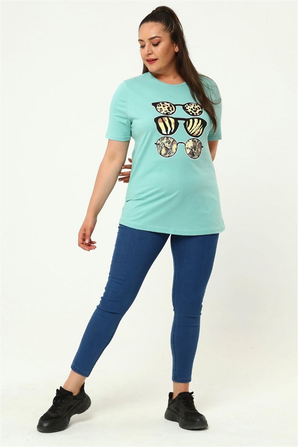 Tshirt Büyük Beden Gözlük Baskılı Bisiklet Yaka T-Shirt Mint Yeşili