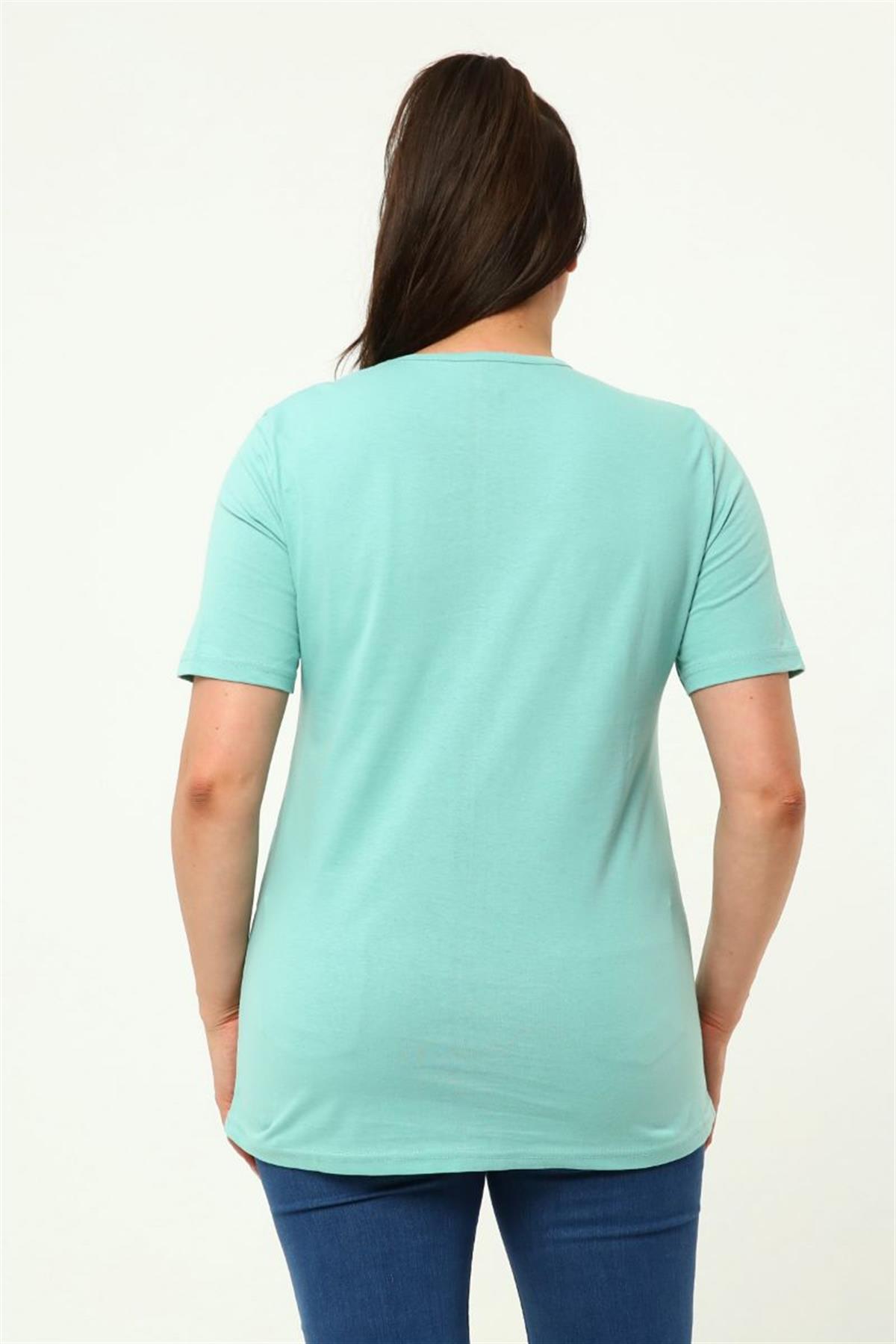 Tshirt Büyük Beden Gözlük Baskılı Bisiklet Yaka T-Shirt Mint Yeşili
