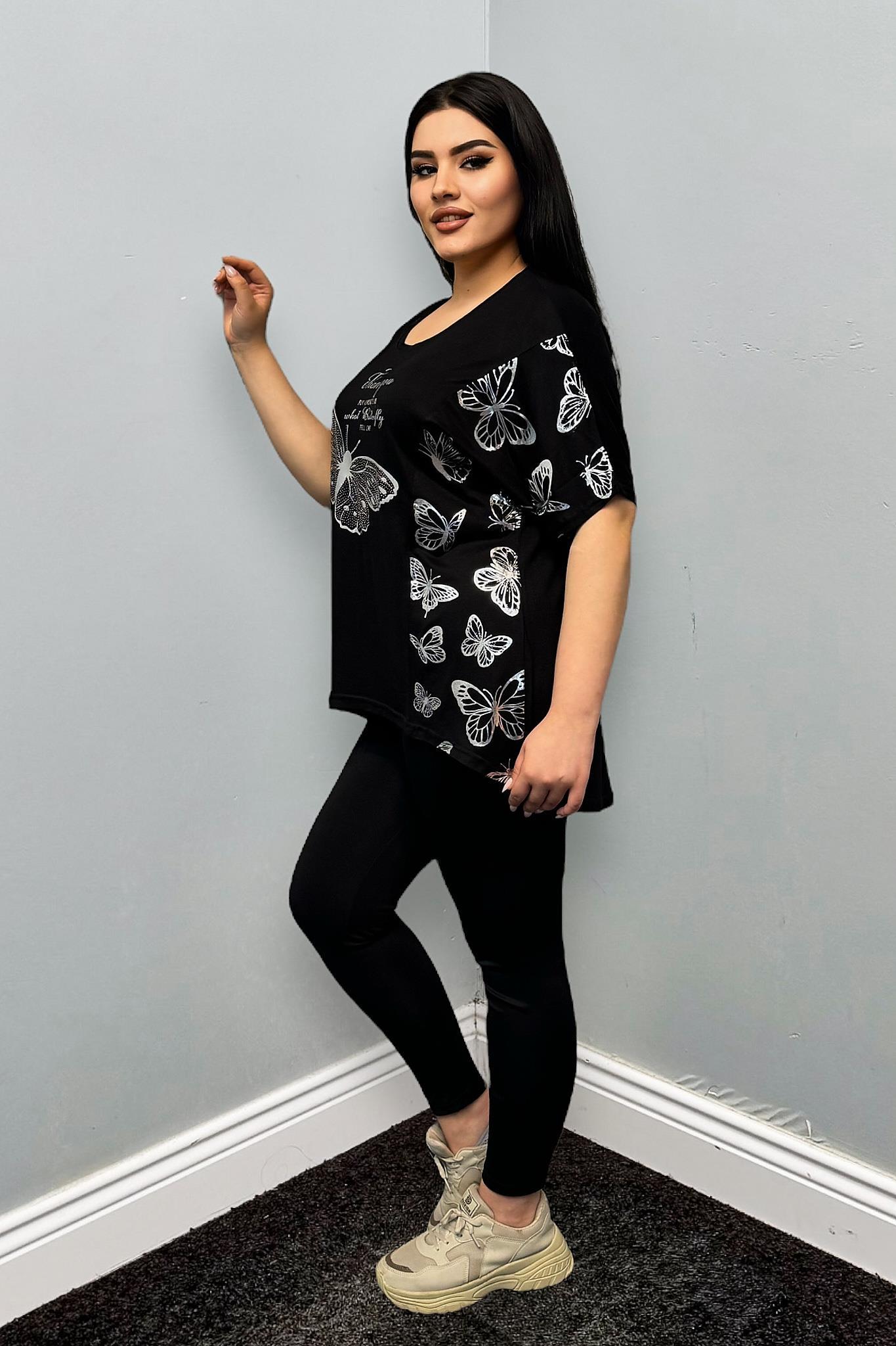 Tshirt Büyük Beden Gümüş Kelebek Baskılı Oversize Tshirt
