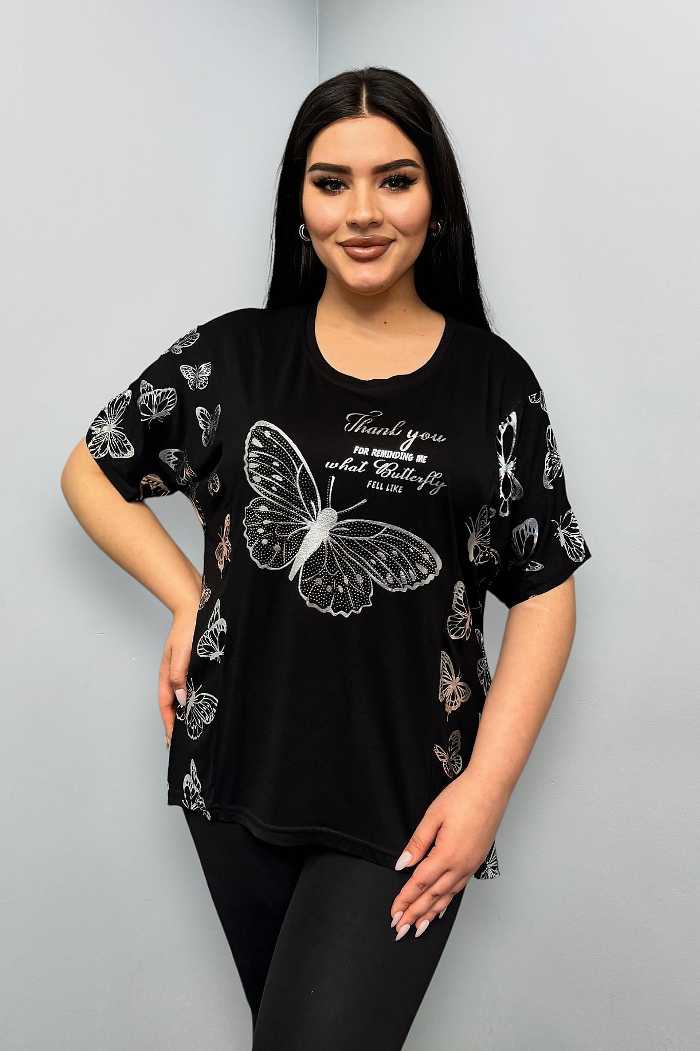 Tshirt Büyük Beden Gümüş Kelebek Baskılı Oversize Tshirt