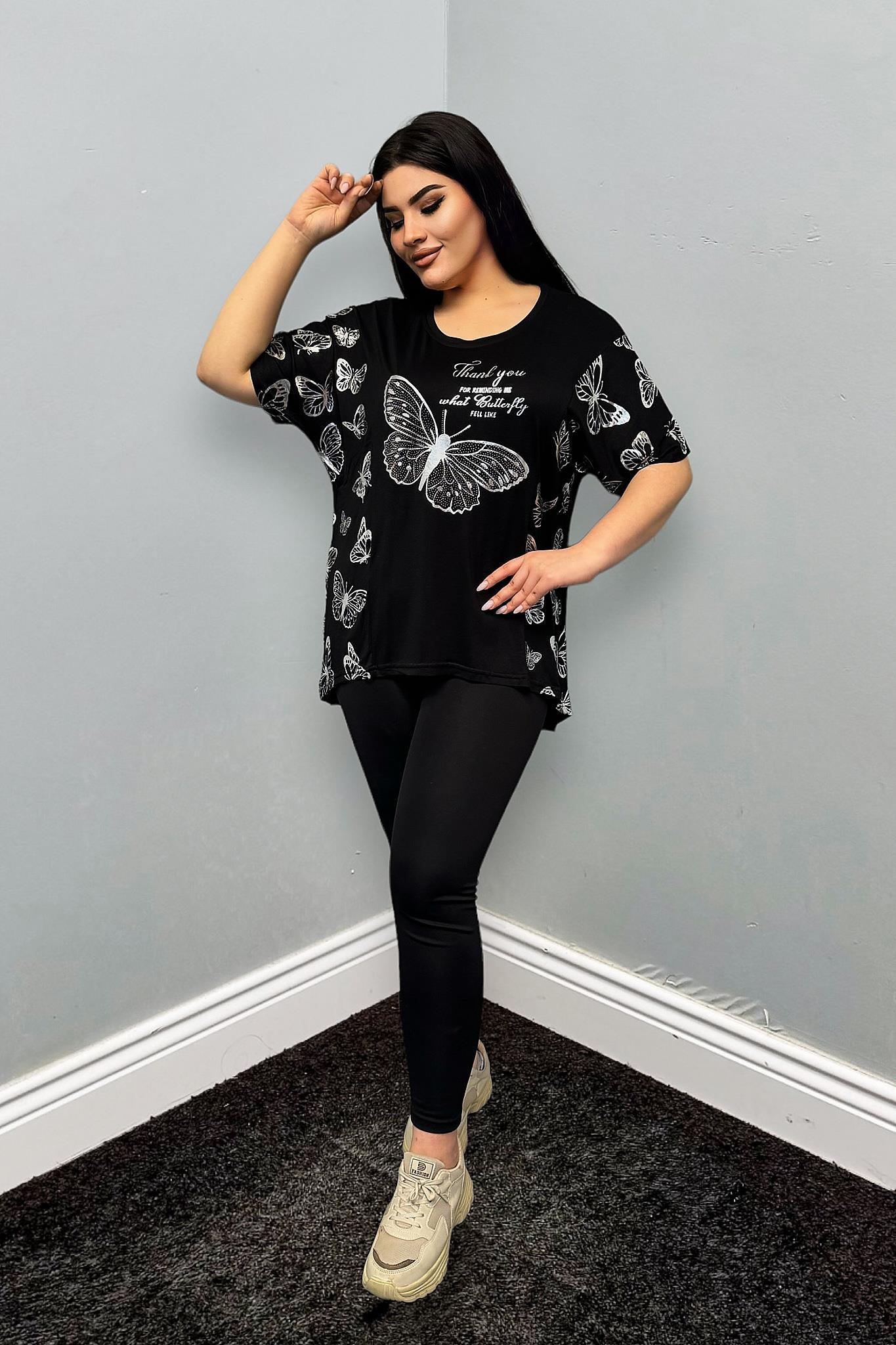 Tshirt Büyük Beden Gümüş Kelebek Baskılı Oversize Tshirt