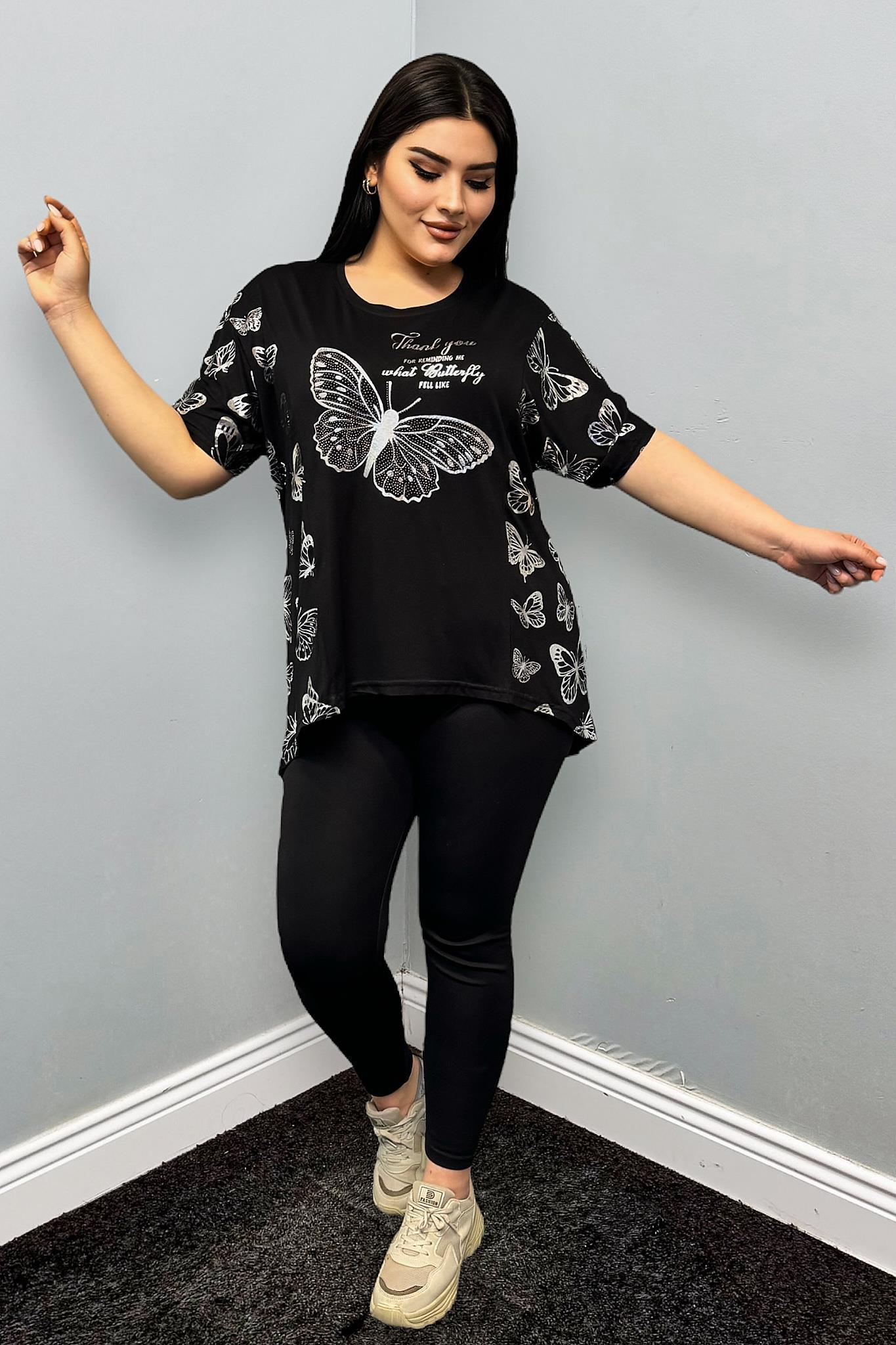 Tshirt Büyük Beden Gümüş Kelebek Baskılı Oversize Tshirt