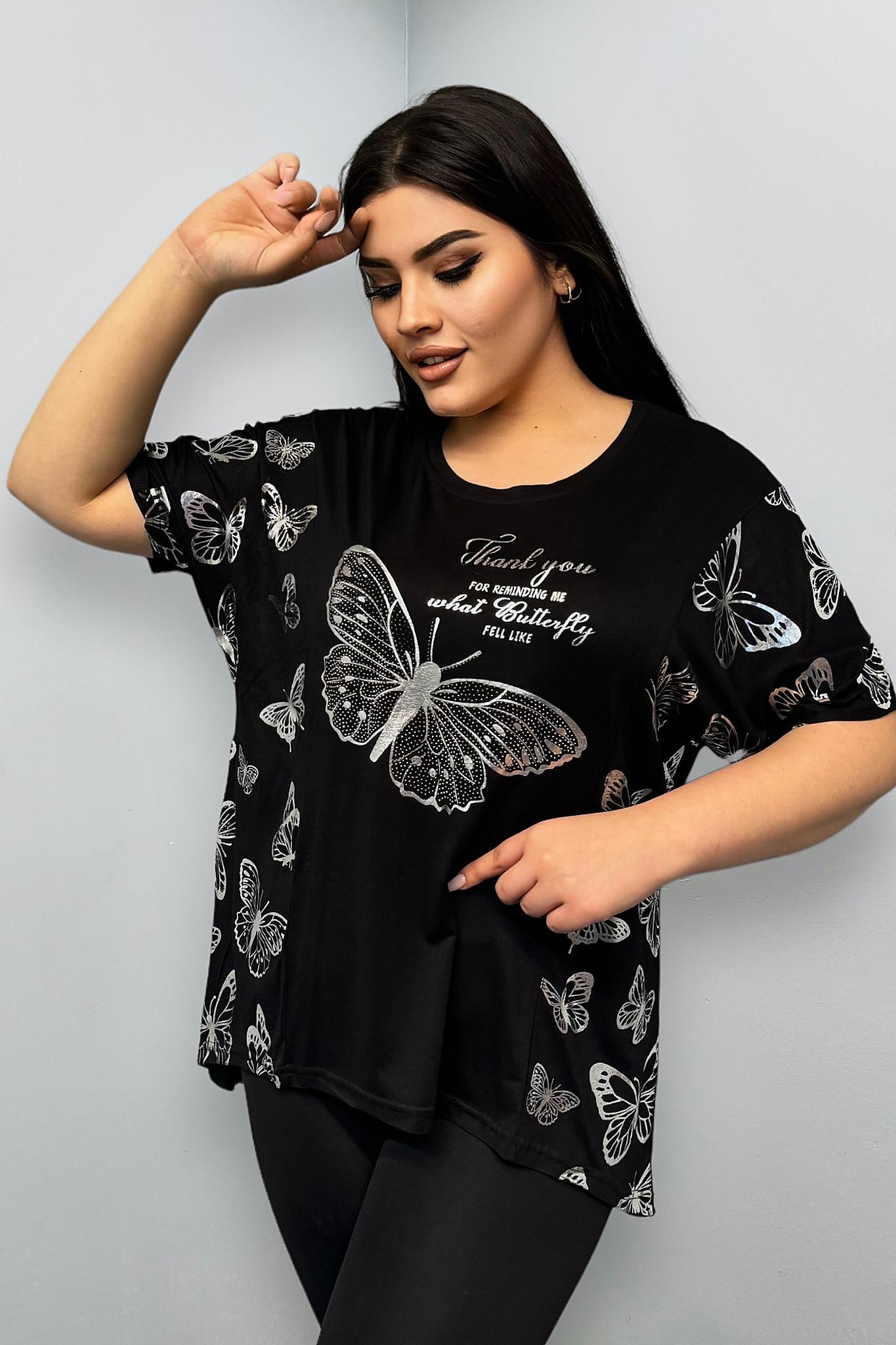 Tshirt Büyük Beden Gümüş Kelebek Baskılı Oversize Tshirt