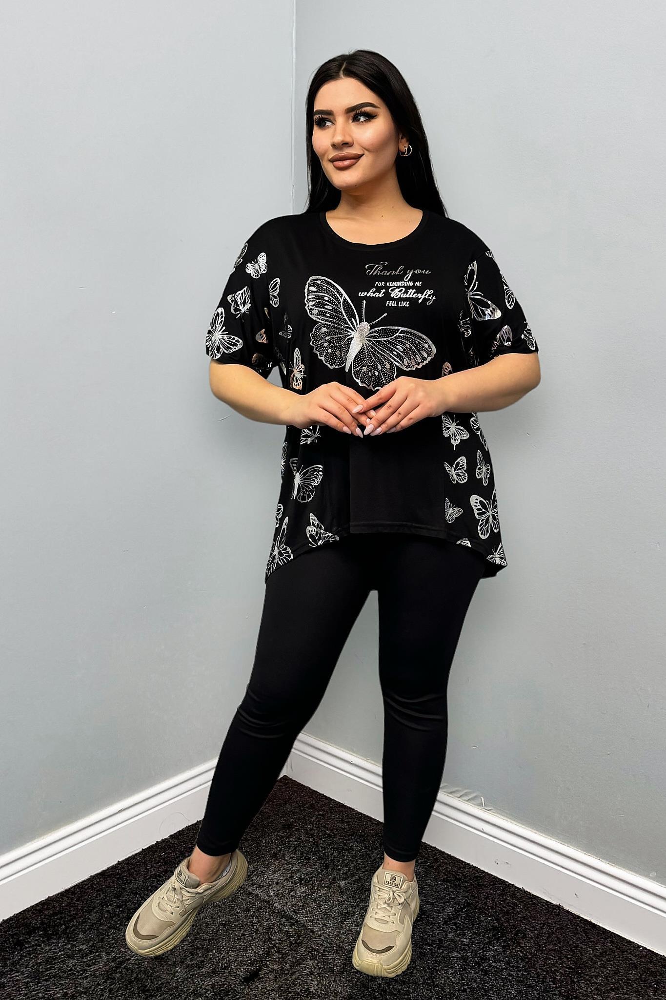 Tshirt Büyük Beden Gümüş Kelebek Baskılı Oversize Tshirt
