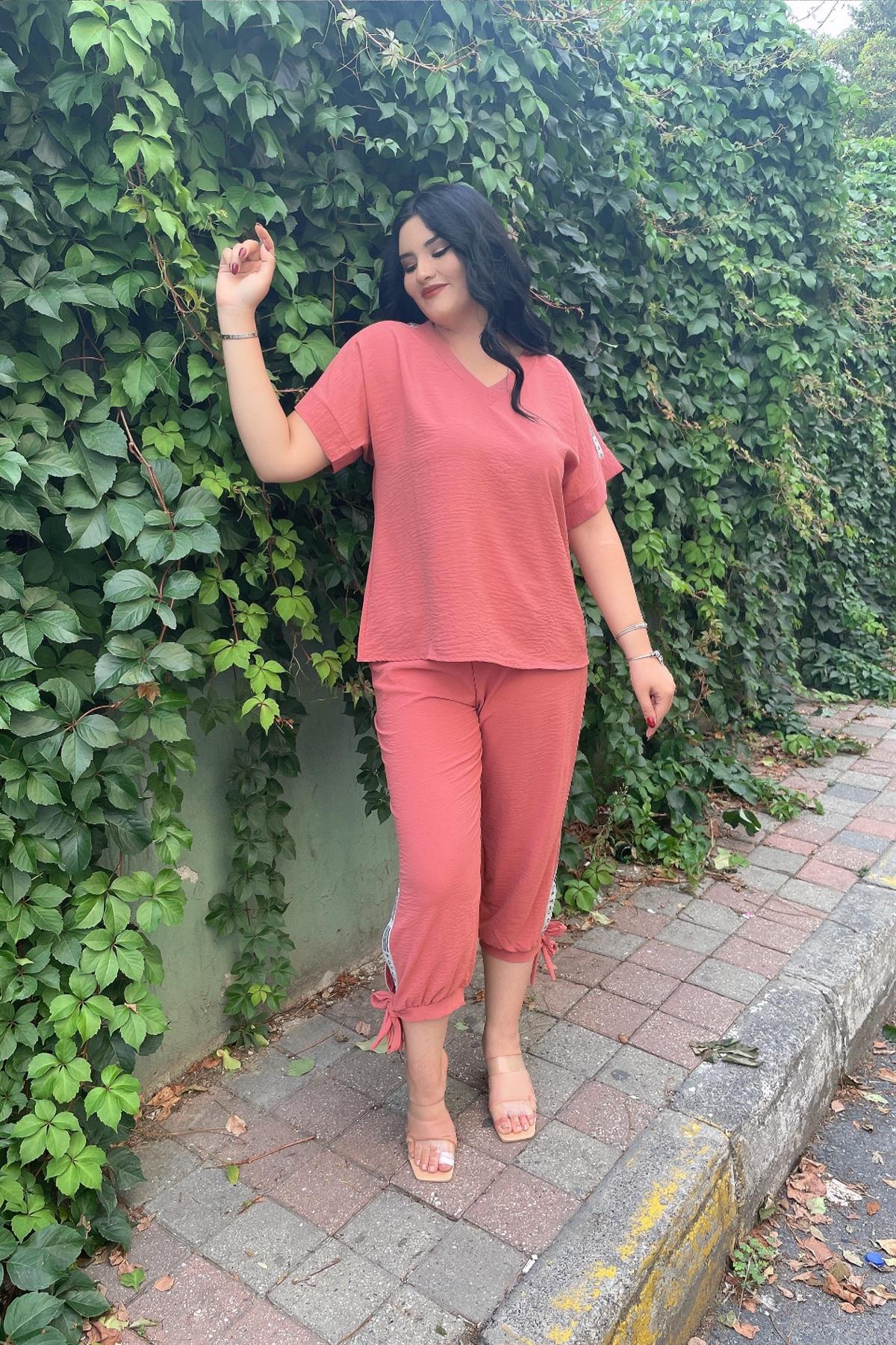 İkili Takım Büyük Beden Gümüş Sim Şeritli Keten Ikili Takım Gül Kurusu