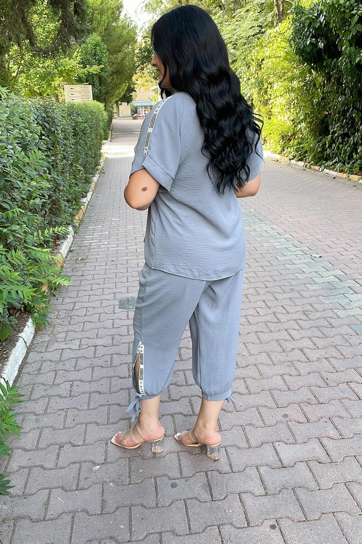 İkili Takım Büyük Beden Gümüş Sim Şeritli Keten Ikili Takım Gri