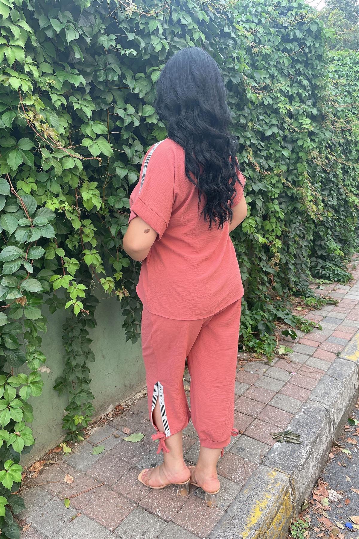 İkili Takım Büyük Beden Gümüş Sim Şeritli Keten Ikili Takım Gül Kurusu