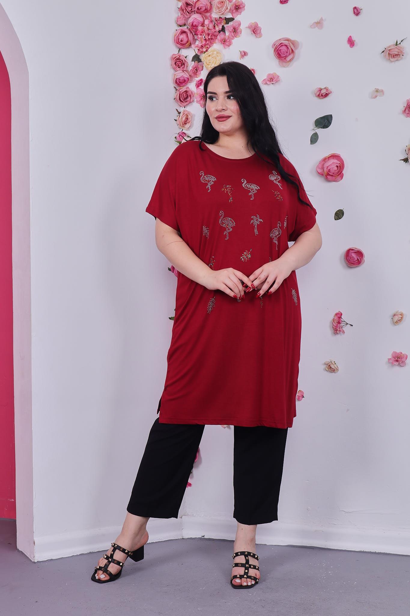 Kısa Kol Bluz Büyük Beden Gümüş Taş Tunik Bluz