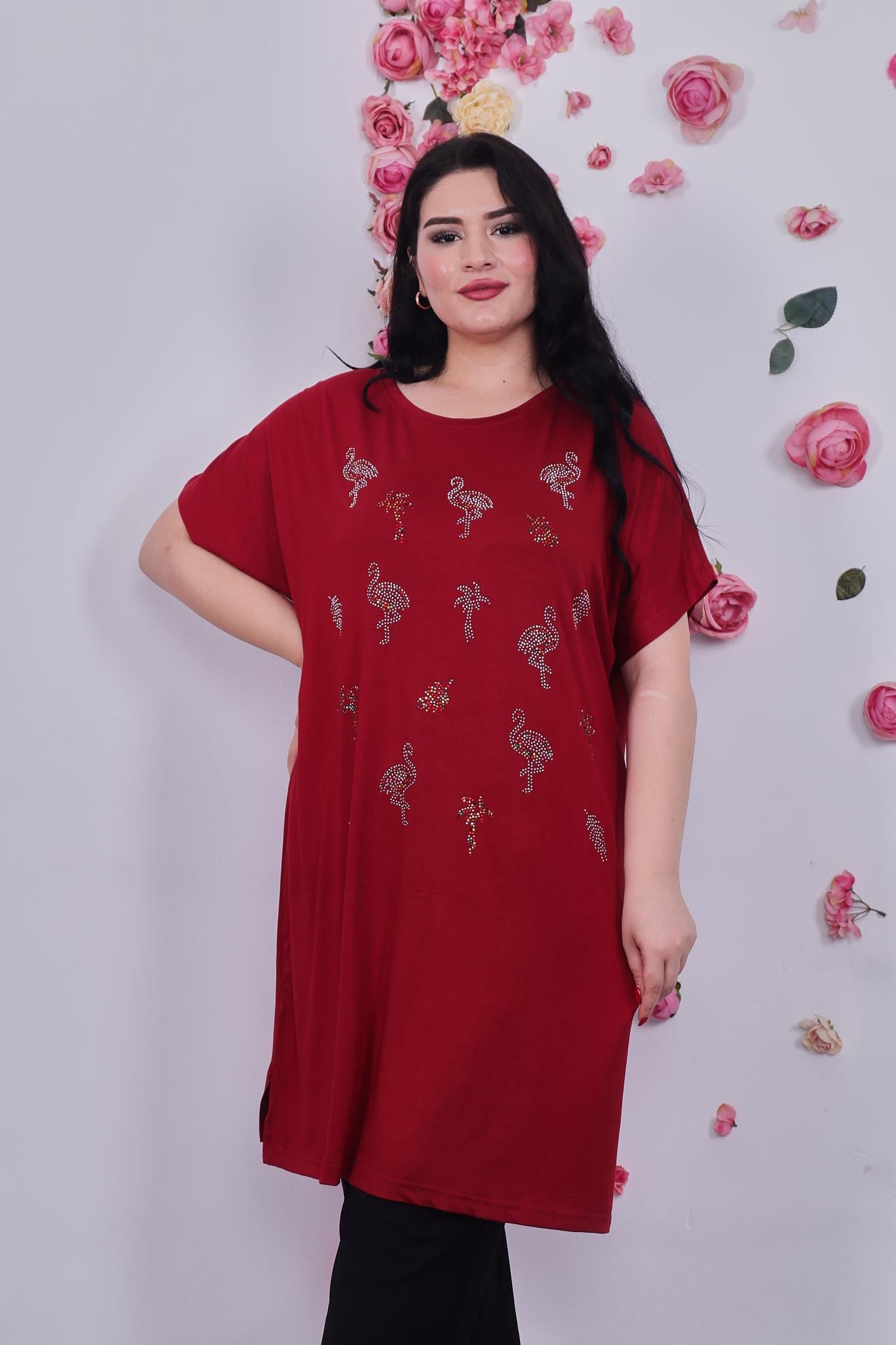 Kısa Kol Bluz Büyük Beden Gümüş Taş Tunik Bluz