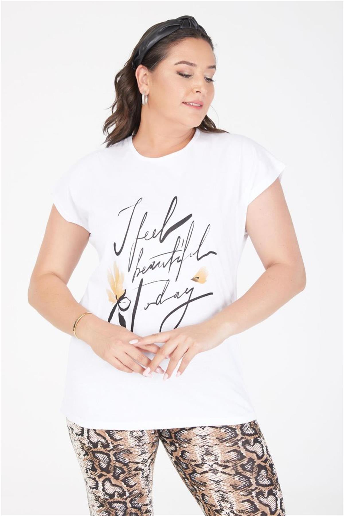 Tshirt Büyük Beden Günlük Yarasa Kol T-Shirt Beyaz