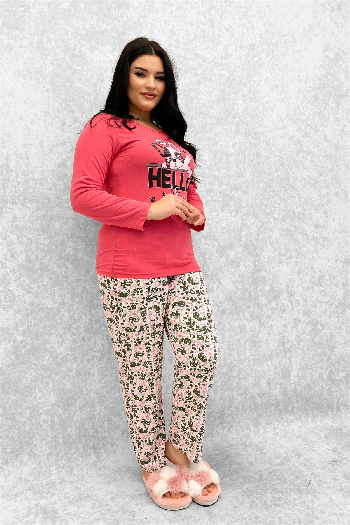 Pijama Takımı Büyük Beden Hello Baskılı Pamuklu Pijama Takımı Pembe