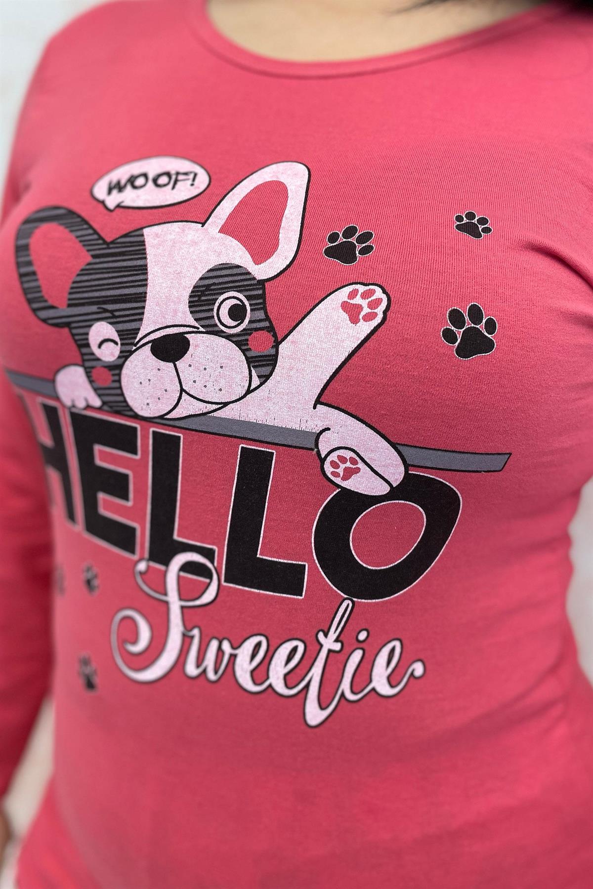 Pijama Takımı Büyük Beden Hello Baskılı Pamuklu Pijama Takımı Pembe