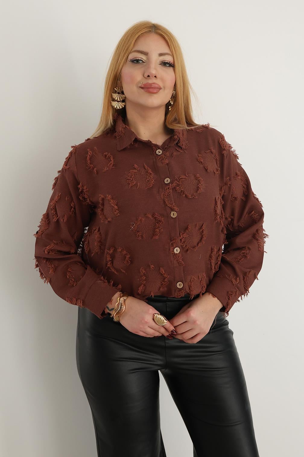 Gömlek Büyük Beden Kabartma Kumaş Keten Gömlek