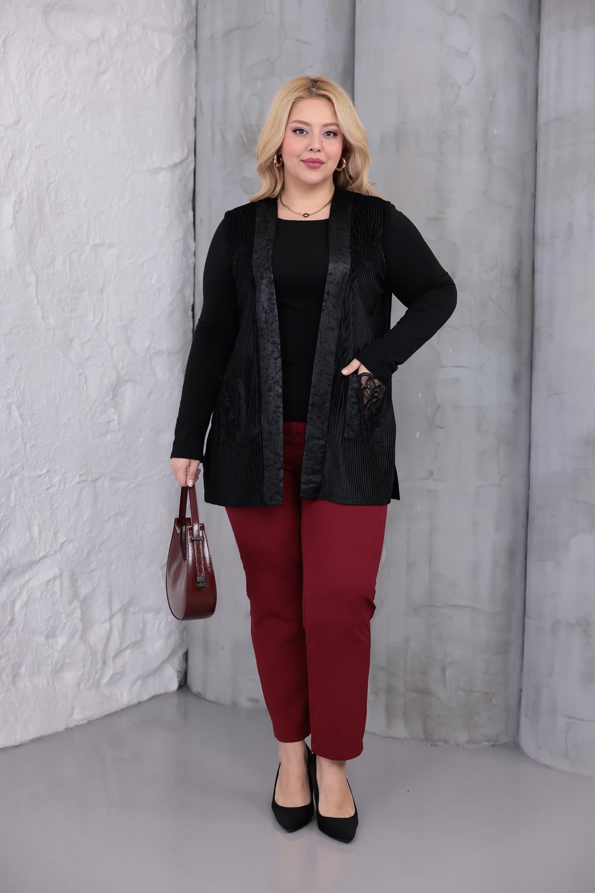 Yelek Büyük Beden Kadife Dantel Cep Detaylı Yelek
