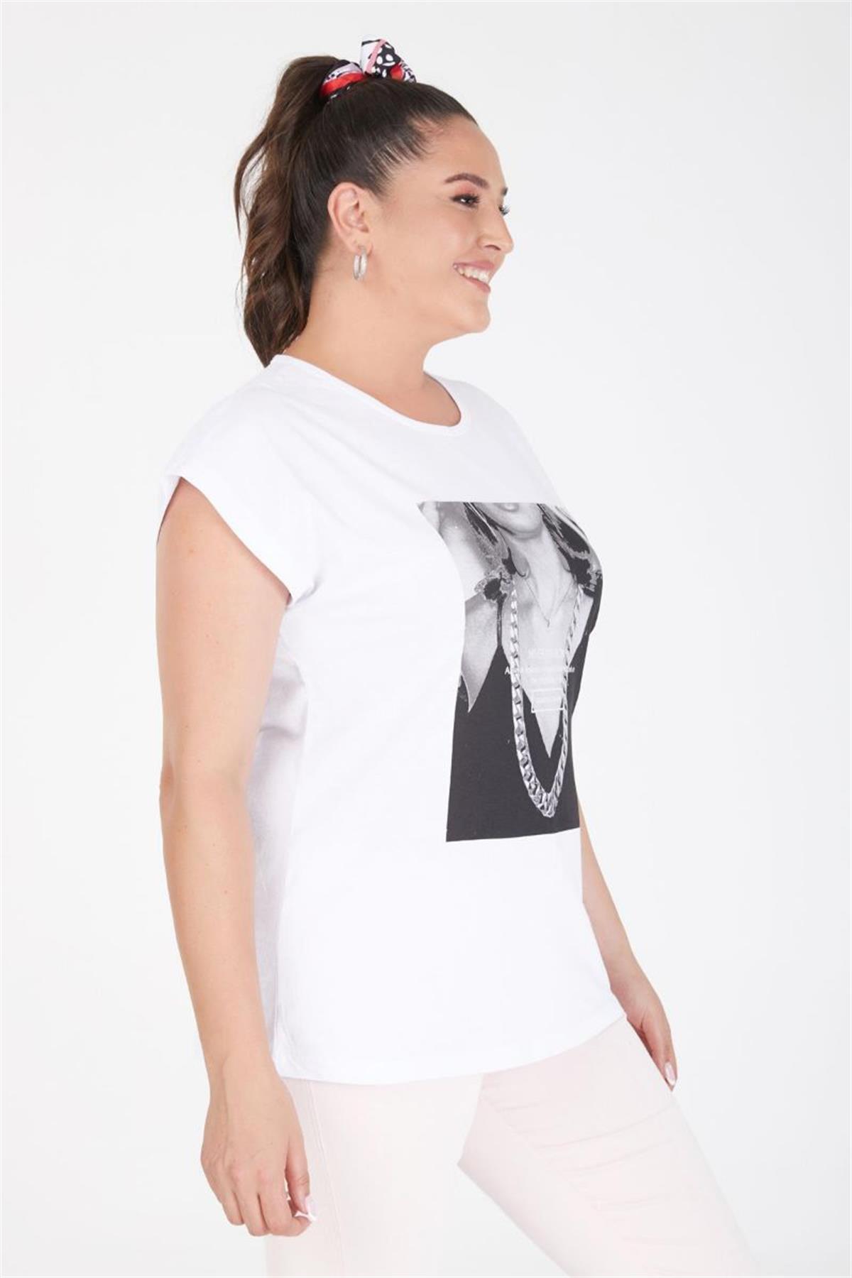 Tshirt Büyük Beden Kadın Baskılı Yarasa Kol T-Shirt Beyaz