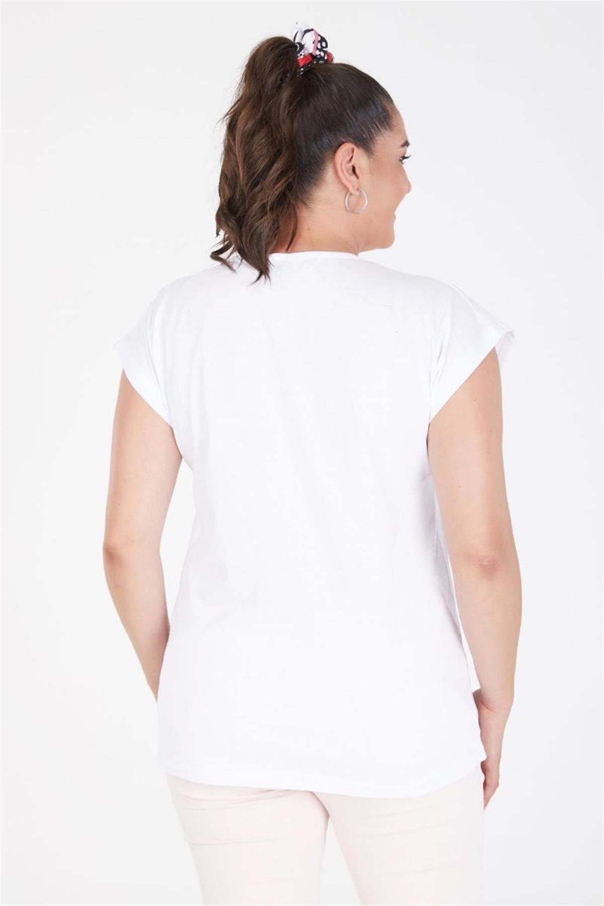 Tshirt Büyük Beden Kadın Baskılı Yarasa Kol T-Shirt Beyaz