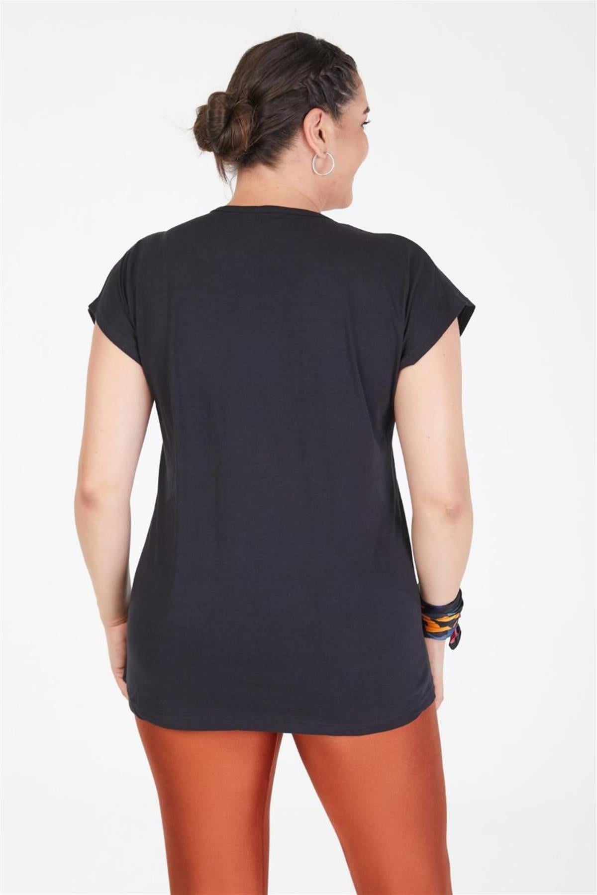 Tshirt Büyük Beden Kadın Baskılı Yarasa Kol T-Shirt Siyah