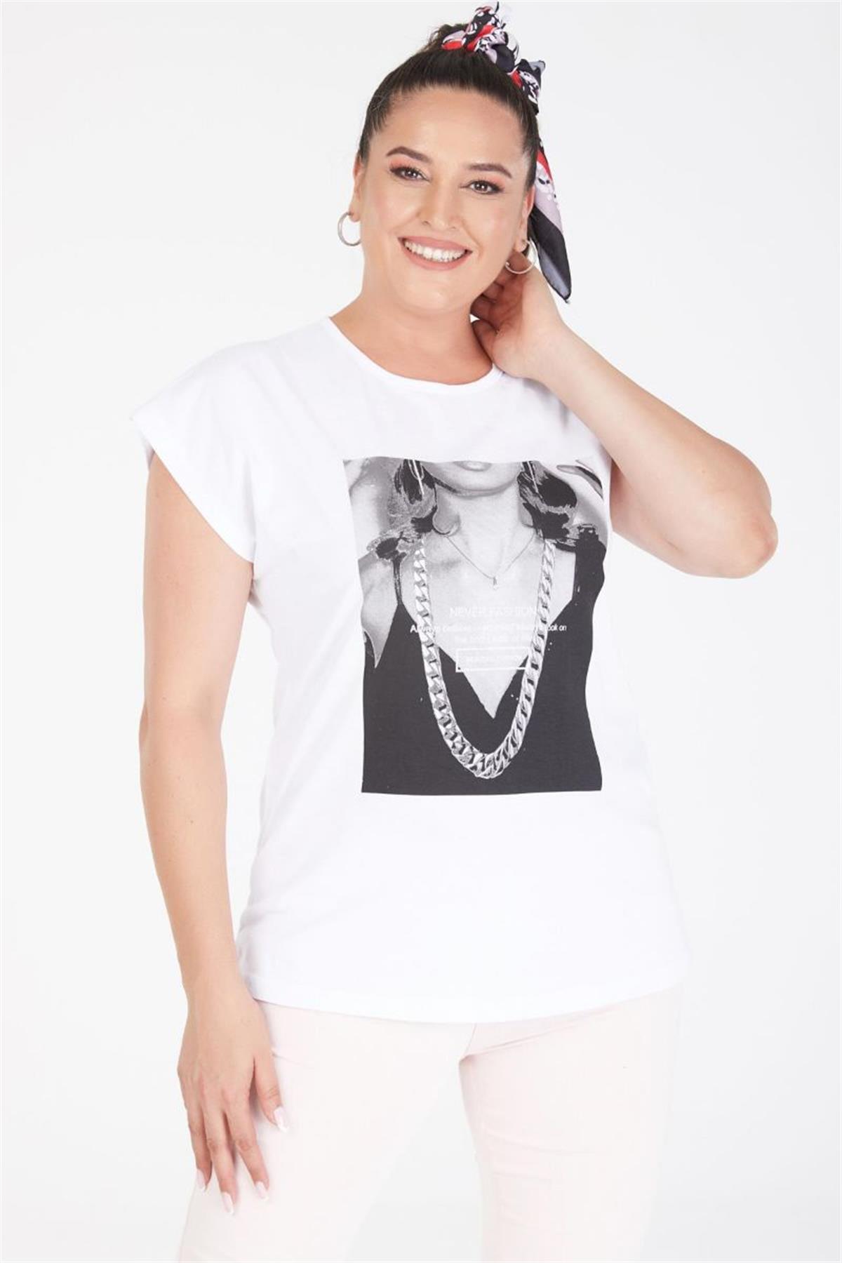 Tshirt Büyük Beden Kadın Baskılı Yarasa Kol T-Shirt Beyaz
