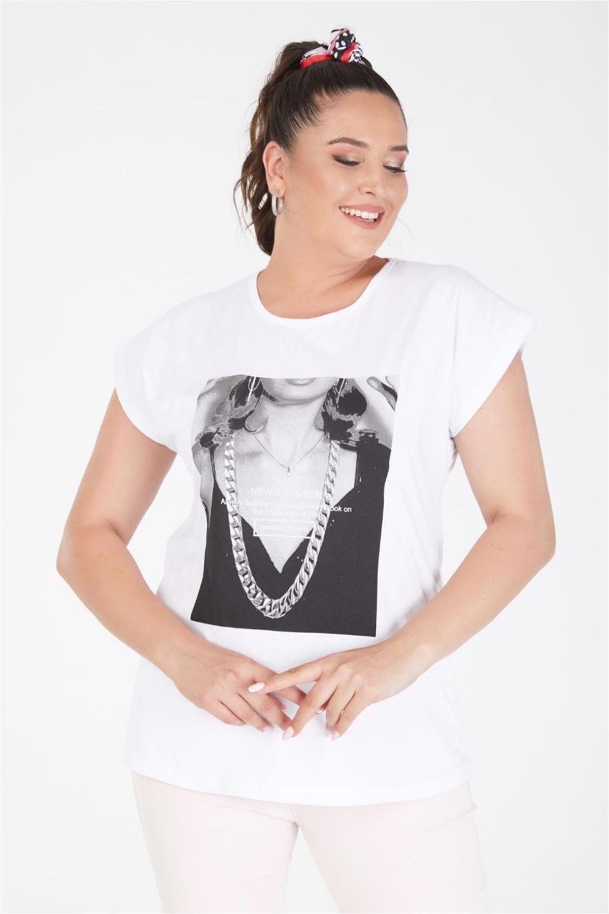 Tshirt Büyük Beden Kadın Baskılı Yarasa Kol T-Shirt Beyaz