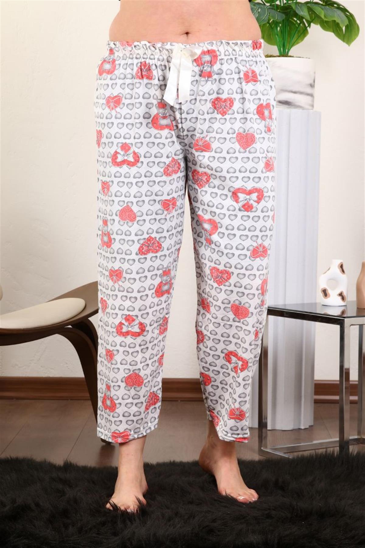 Pijama Takımı Büyük Beden Kalp Baskılı Pijama Altı Ekru
